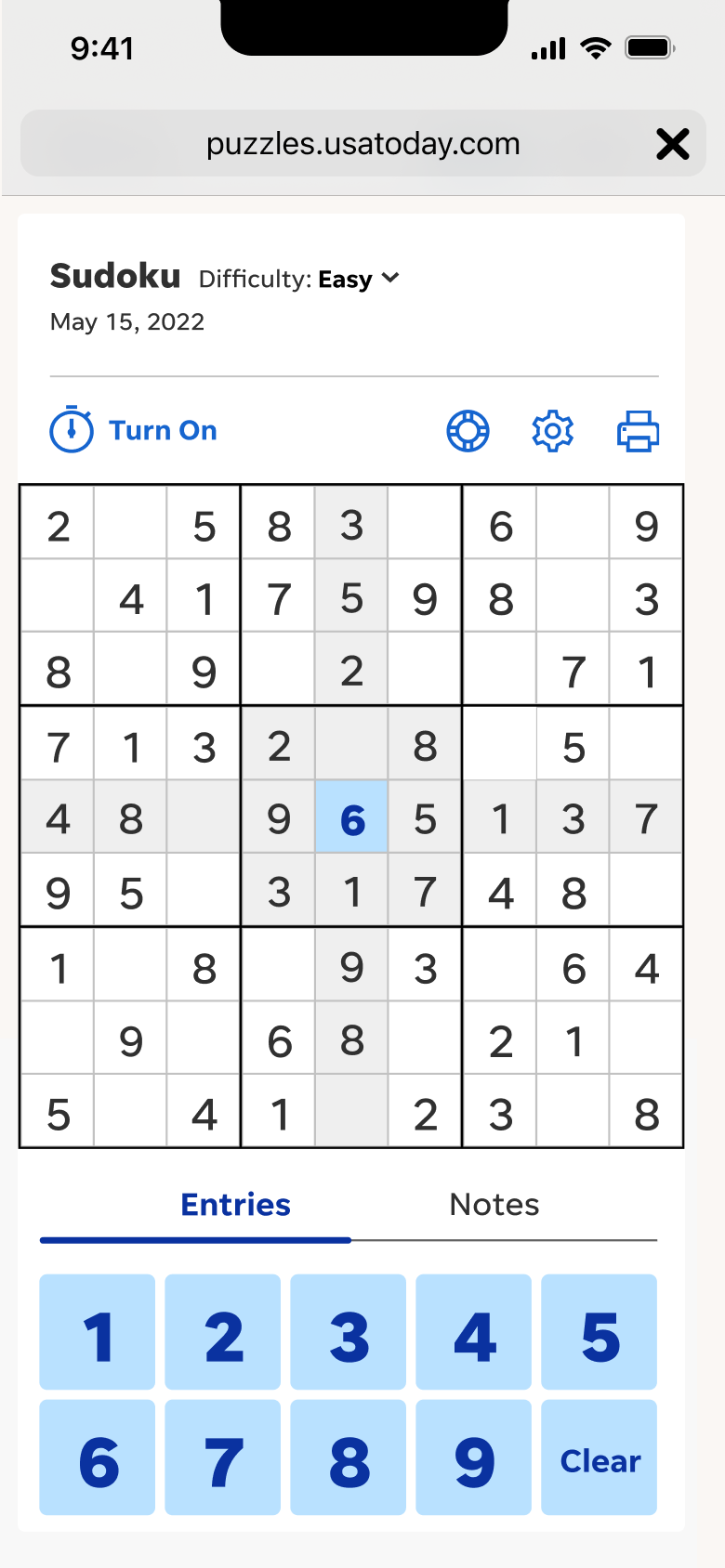 USA Today's Sudoku — Number Entry