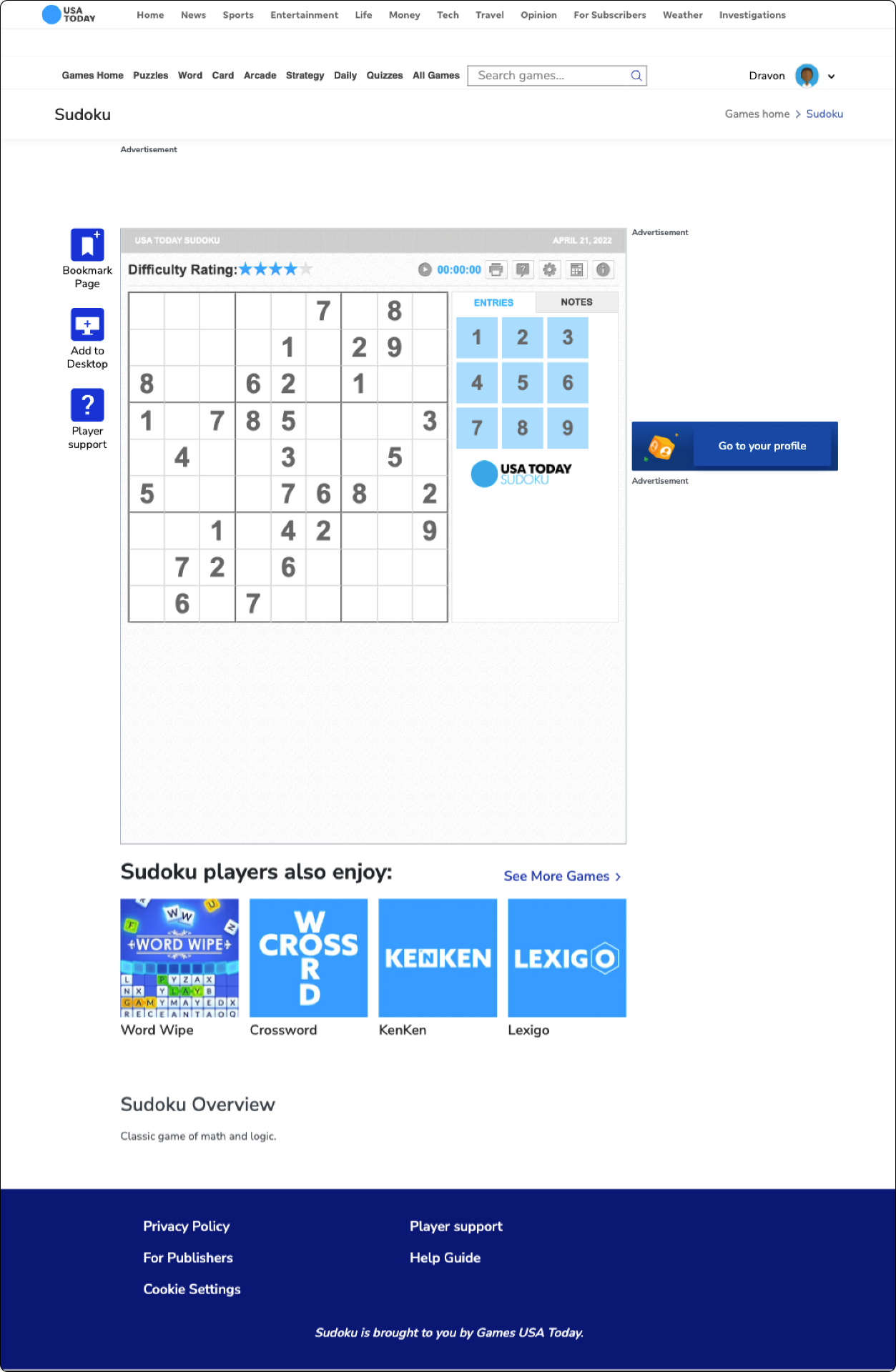 USA Today's Sudoku — legacy Sudoku on USA TODAY (desktop)
