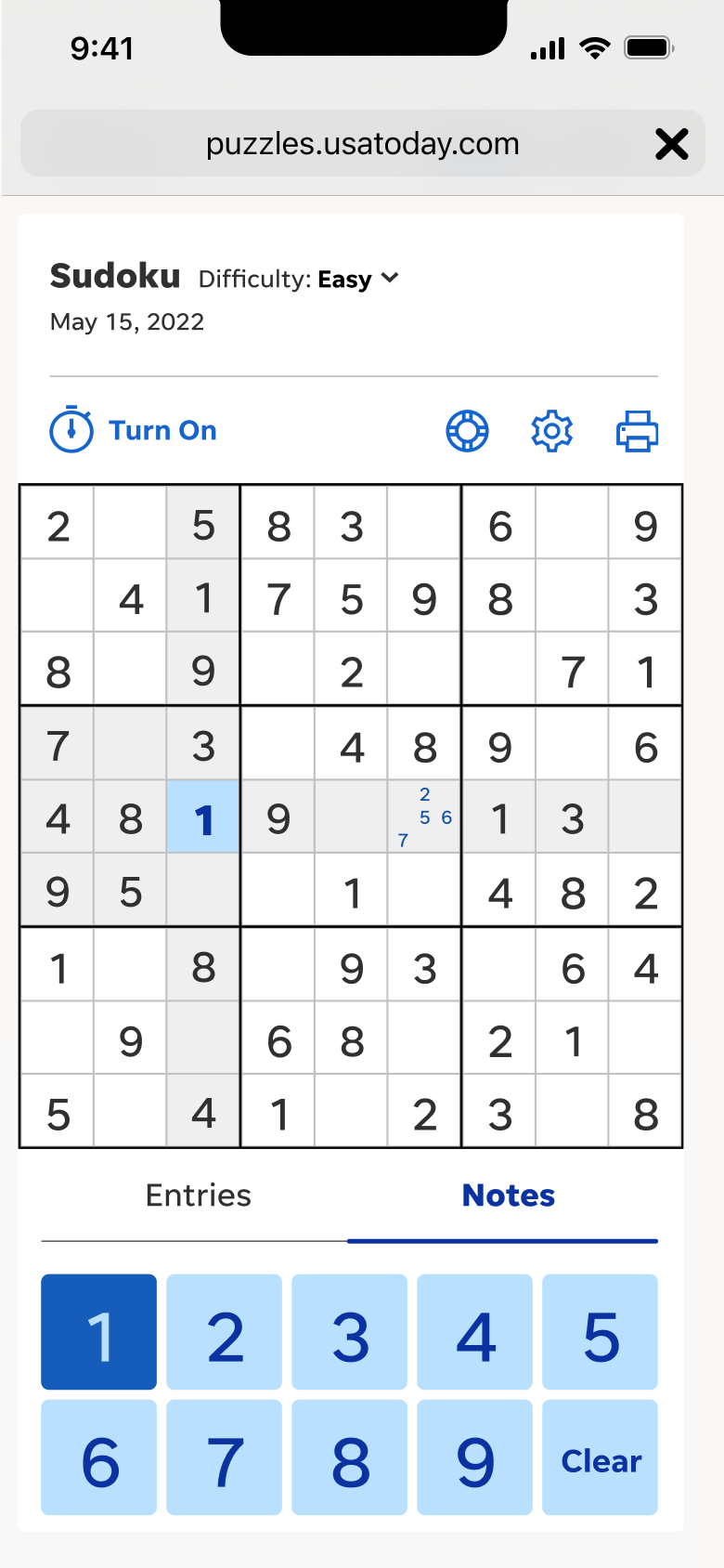 USA Today's Sudoku — Hints & Notes