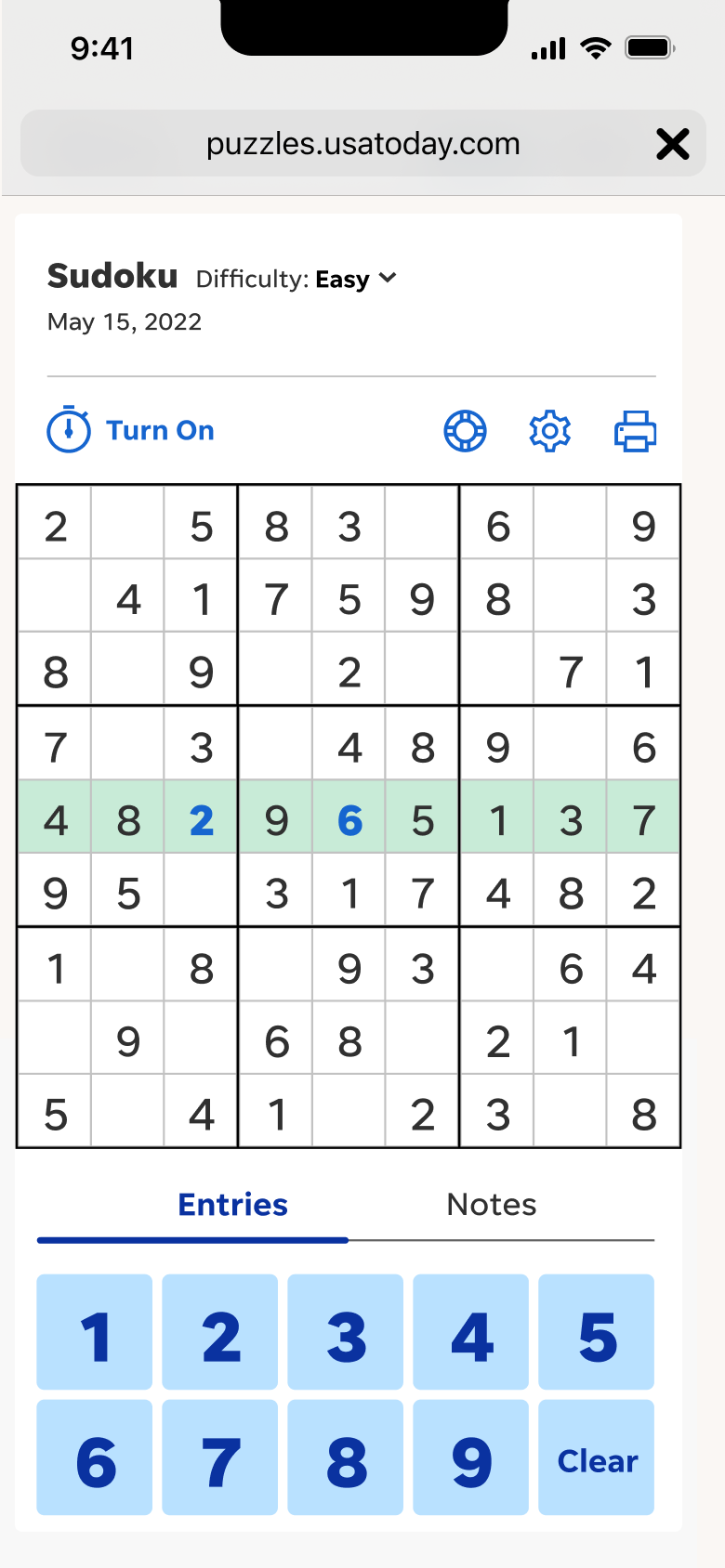 USA Today's Sudoku — Completed Puzzle
