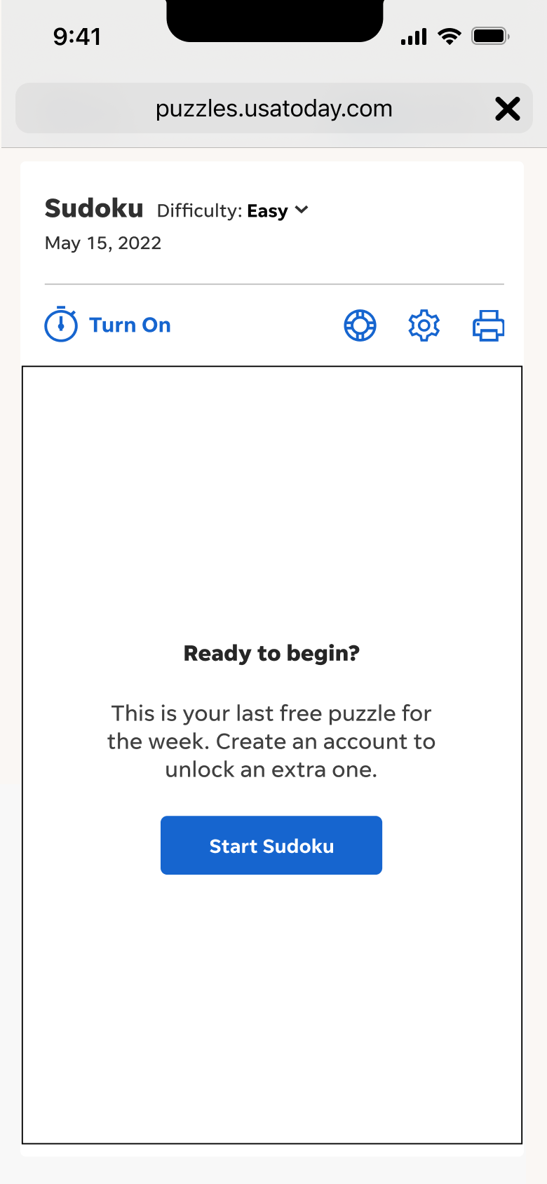 USA Today's Sudoku — Start Screen