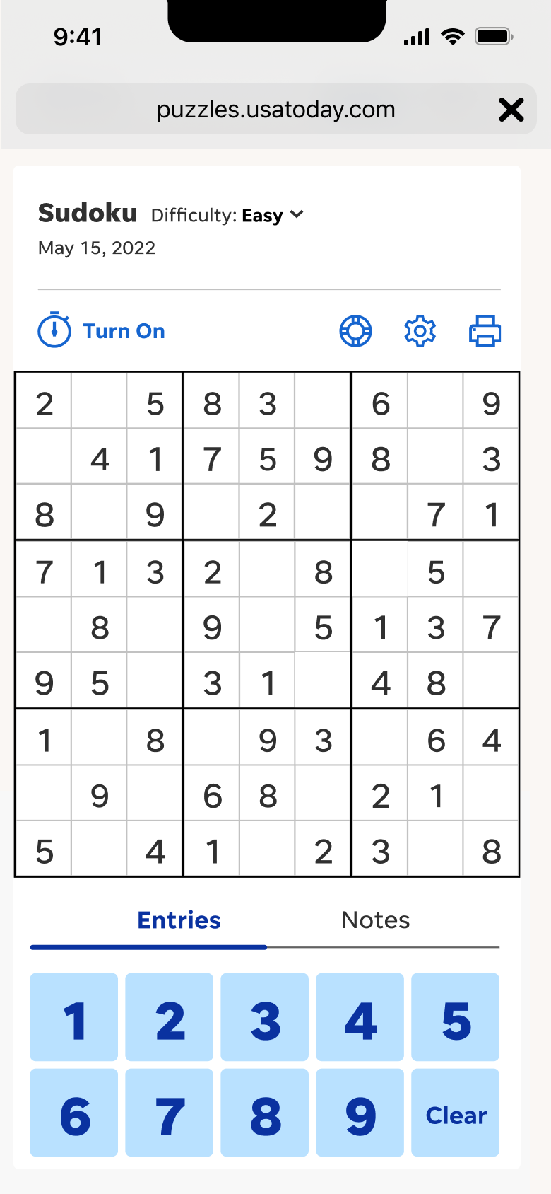 USA Today's Sudoku — Game Board